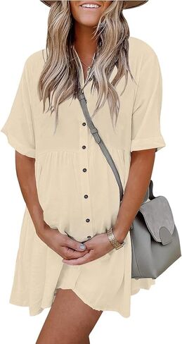 PYGFEMR Women's Short Sleeve Babydoll Dress Button Down Dresses with Pockets in Kuwait