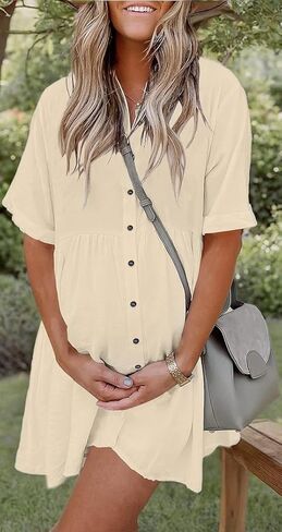 PYGFEMR Women's Short Sleeve Babydoll Dress Button Down Dresses with Pockets in Kuwait