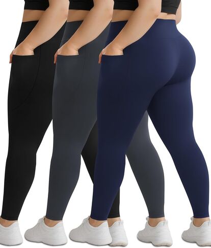NEW YOUNG 3 Pack Plus Size Leggings with Pockets for Women,High Waist Tummy Control Workout Yoga Pants in Kuwait
