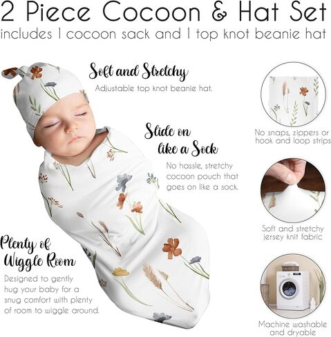 Sweet Jojo Designs Watercolor Floral Baby Girl Cocoon and Beanie Hat 2pc Set Jersey Stretch Knit Sleeping Bag for Infant Newborn Nursery Sleep Wrap Sack - Lavender Purple Pink Grey Shabby Chic Flower in Saudi Arabia