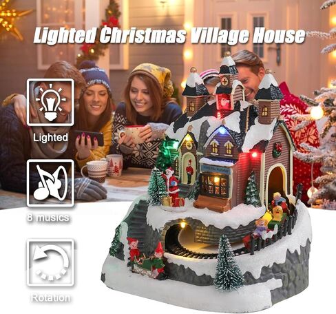 Christmas Village Houses, Popcorn Shop with LED Lighted and 8 Christmas Music, Christmas Animation Village Indoor Holiday Tabletop Decorations for Home Tabletop Gift in Saudi Arabia