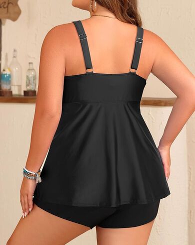 Holipick Black Plus Size Two Piece Tankini Swimsuits for Women Tummy Control Bathing Suits Scoop Neck Tankini Top with Boy Shorts in Kuwait