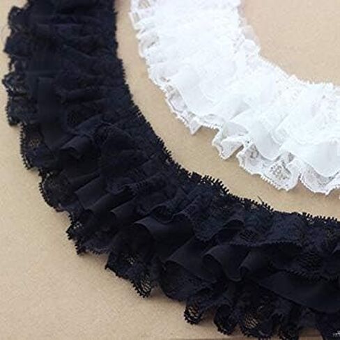 Yalulu 2 Yards 3D DIY Chiffon Ruffle Lace Pleated Chiffon Trim Dress Decoration Tulle Fabric Applique Trimming Craft Sewing (Black) in Saudi Arabia