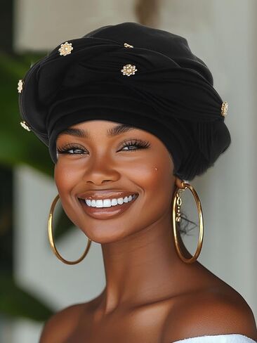 Woeoe Women African Turban Pre-Tied Twisted Beanie Cap Headwear Rhinestone Soft Stretchy Head Turbans in Kuwait