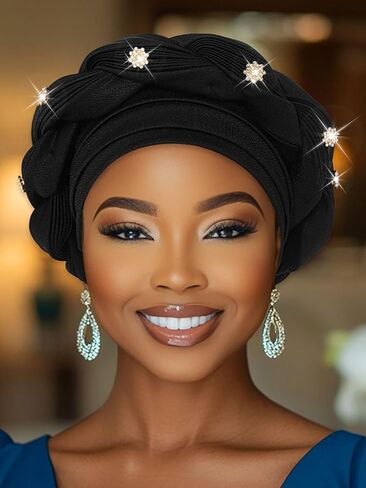Woeoe Women African Turban Pre-Tied Twisted Beanie Cap Headwear Rhinestone Soft Stretchy Head Turbans in Kuwait