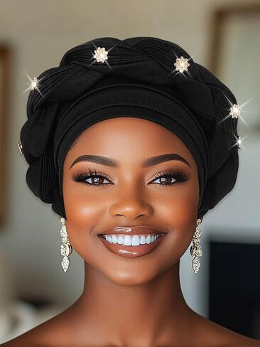 Woeoe Women African Turban Pre-Tied Twisted Beanie Cap Headwear Rhinestone Soft Stretchy Head Turbans in Kuwait