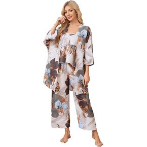 WDIRARA Women's 3 pcs Sleepwear Leaf Print Cami and Pants Pajama Set with Robe in Kuwait
