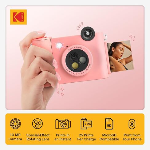 KODAK Smile+ Wireless Digital Instant Print Camera with Effect-Changing Lens, 2x3" Sticky-Backed Photo Prints, and Zink Printing Technology, Compatible with iOS and Android Devices - Pink in Kuwait