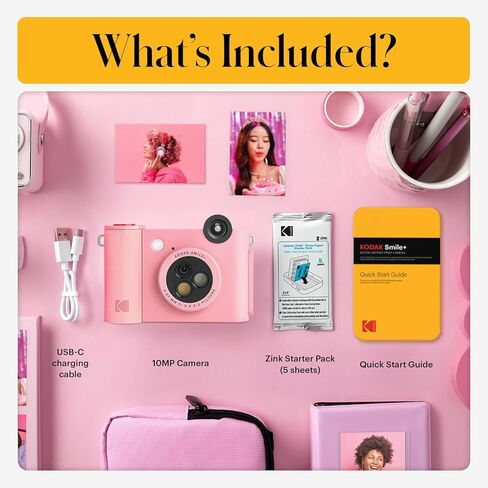 KODAK Smile+ Wireless Digital Instant Print Camera with Effect-Changing Lens, 2x3" Sticky-Backed Photo Prints, and Zink Printing Technology, Compatible with iOS and Android Devices - Pink in Kuwait