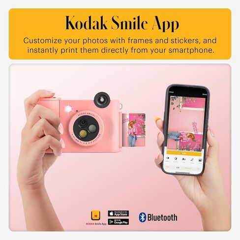 KODAK Smile+ Wireless Digital Instant Print Camera with Effect-Changing Lens, 2x3" Sticky-Backed Photo Prints, and Zink Printing Technology, Compatible with iOS and Android Devices - Pink in Kuwait