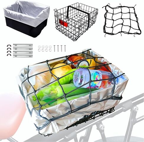 Folding Rear Bike Basket, Quickly Release Metal Bicycle Rack Cargo Basket with Strap & Reflective Tail Light for Most Mounted Bike Rack in Kuwait