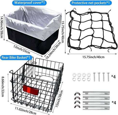 Folding Rear Bike Basket, Quickly Release Metal Bicycle Rack Cargo Basket with Strap & Reflective Tail Light for Most Mounted Bike Rack in Kuwait