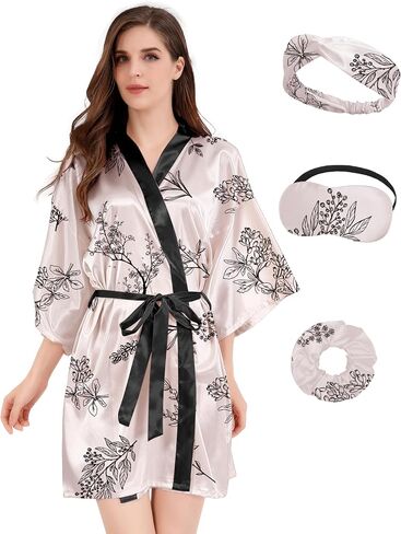 MORFORU Women Bride Bridesmaid Silky Satin Kimono Robe Solid Color Sleepwear for Wedding Party Getting Ready, Short in Kuwait