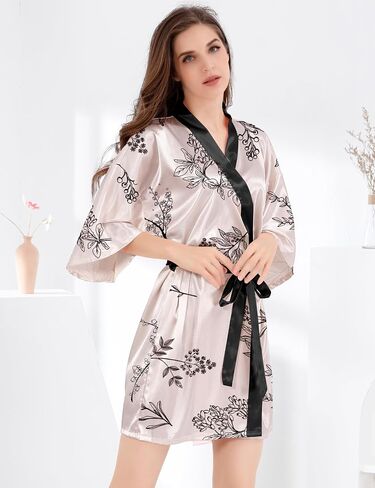 MORFORU Women Bride Bridesmaid Silky Satin Kimono Robe Solid Color Sleepwear for Wedding Party Getting Ready, Short in Kuwait