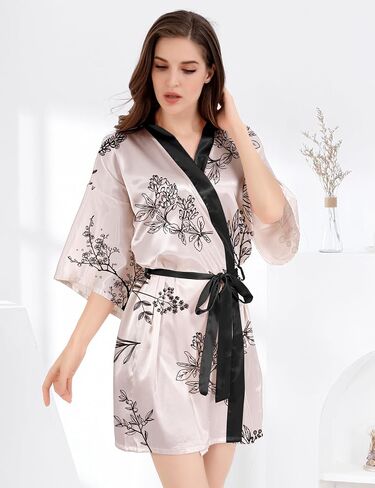 MORFORU Women Bride Bridesmaid Silky Satin Kimono Robe Solid Color Sleepwear for Wedding Party Getting Ready, Short in Kuwait