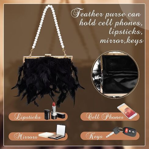 Amylove Evening Purse with Pearl Gold Chain Faux Fur Purse Fake Feather Clutch Fluffy Purse Women's Evening Handbags in Kuwait