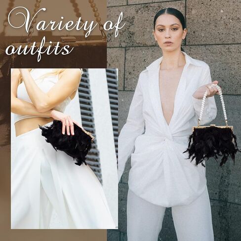 Amylove Evening Purse with Pearl Gold Chain Faux Fur Purse Fake Feather Clutch Fluffy Purse Women's Evening Handbags in Kuwait