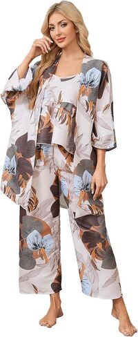 WDIRARA Women's 3 pcs Sleepwear Leaf Print Cami and Pants Pajama Set with Robe in Kuwait