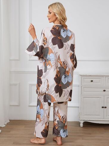 WDIRARA Women's 3 pcs Sleepwear Leaf Print Cami and Pants Pajama Set with Robe in Kuwait