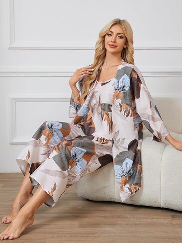 WDIRARA Women's 3 pcs Sleepwear Leaf Print Cami and Pants Pajama Set with Robe in Kuwait