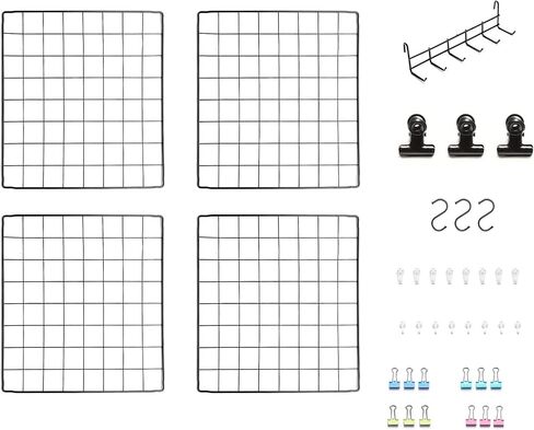 6 Pack Metal Grid Wall Board Including 2 Hook Rack, Photos & Pictures Display Board,Photo Wall, Picture Board, DIY Home & Office Wall Decor 13.8" × 13.8" (Black) in Saudi Arabia