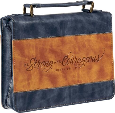Christian Art Gifts Classic Vegan Leather Bible Cover Carry Case for Men & Women: Strong & Courageous Debossed Inspirational Scripture, Pen Loops, Ribbon Bookmarks, Pockets, Navy Blue & Brown, Medium in Saudi Arabia