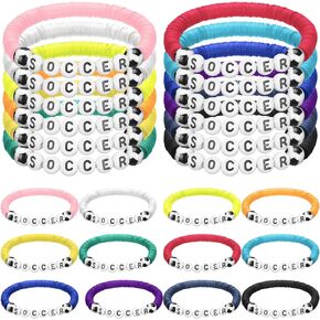 24 Pcs Soccer Bracelets Soccer Party Favors Charm Soccer Sports Bracelet Stackable Clay Beaded Bracelets for Teens Boys Girls Team Women Men Sports Party Favors