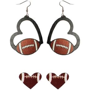 2 Pairs Sports Game Ball Football Basketball Wooden Earrings for Women Girls Lightweight Heart Shaped Sports Rugby Baseball Volleyball Stud Earrings Sports Fans Players Jewelry