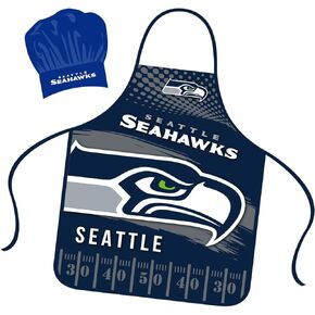 Seattle Seahawks Apron Chef Hat Set Full Color Universal Size Tie Back Grilling Tailgate BBQ Cooking Host