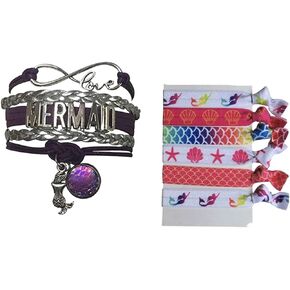 Infinity Collection Mermaid Friendship Charm Bracelet and Hair Ties - Silver and Purple Infinity Love Mermaid Friendship Charm Bracelet - Mermaid Charm Bracelet and Hair Ties for Women and Teens