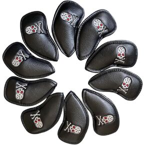 Golf Iron Covers Headcovers Set 10pcs Premium (PU) Leather Golf Headcovers for Golf Clubs - Black Golf Club Protective Case - Skull Skeleton Iron Headcovers #3-9, PW, SW, AW