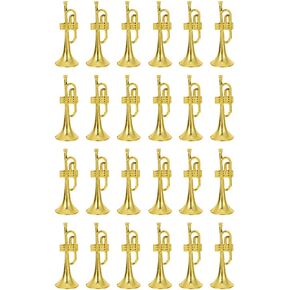 Gifts Mini Plastic Trumpet Instrument Model: 24pcs Gold Brass Trumpet Ornament Decoration Golden Plastic Trumpet DIY Scene Decoration Music Gift