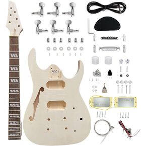 DIY Electric Guitar Kit Beginner Kit 6 String Right Handed with Flamed Maple Veneer Top Basswood Body Hard Maple Neck Rosewood Fingerboard Chrome Hardware Build Your Own Guitar.