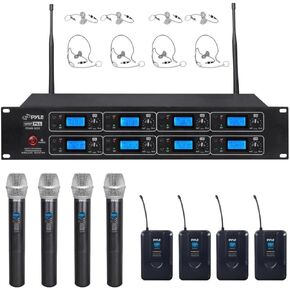 Pyle Professional 8 Channel UHF Wireless Microphone & Receiver System 4 Handheld Mics Belt Packs Transmitters Headsets &Lavalier Lapel Mics RF&AF Radio/Audio Frequency Digital Display(PDWM8225),Black
