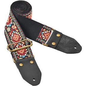 Classic Guitar Strap, Vintage Embroidery Cotton Guitar Straps with Thick Leather Ends for Acoustic, Bass, Electric Guitar