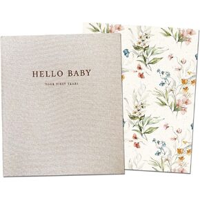 Peachly Baby Memory Book | Minimalist Floral First Year Keepsake for Milestones and Memories | Simple Baby Scrapbook Books for Girl | 60 Pages Beige Linen - Fleur