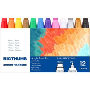 Jumbo Graffiti Poster Markers Set: 12 Colors Large15mm Wide Tip Permanent Ink Thick Acrylic Paint Pens for Rock Painting, Stone, Glass, Wood, Ceramic, Metal, Plastic, Fabric