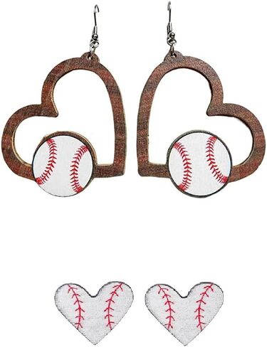 2 Pairs Sports Game Ball Football Basketball Wooden Earrings for Women Girls Lightweight Heart Shaped Sports Rugby Baseball Volleyball Stud Earrings Sports Fans Players Jewelry in Saudi Arabia