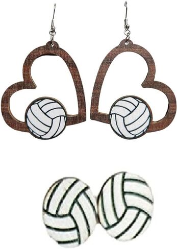 2 Pairs Sports Game Ball Football Basketball Wooden Earrings for Women Girls Lightweight Heart Shaped Sports Rugby Baseball Volleyball Stud Earrings Sports Fans Players Jewelry in Saudi Arabia