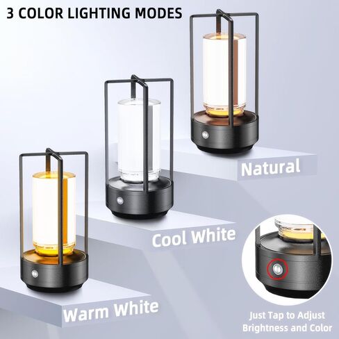 Touch Bedside Table Lamp, 3 Color Stepless Dimmable Bedroom Night Light, Rechargeable Cordless LED Romantic Atmosphere Lamp, Indoor Outdoor Portable Smart Small Lamp for Dinner Party Camping Gifts in Saudi Arabia