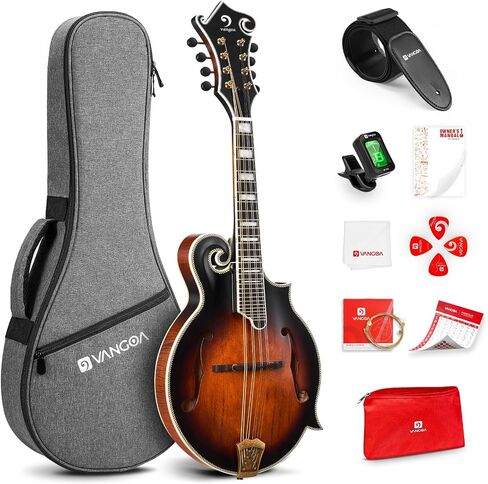 Vangoa F-Style Mandolins Instrument, Solid Spruce and Maple, 29-Fret, Ebony Fingerboard and Bridge, 8 String Acoustic Mandolin, for Beginner Adults and the higher stages players, Classic Sunburst in Kuwait