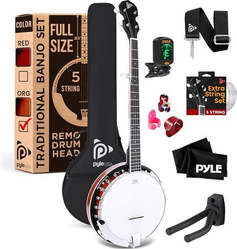 Pyle Banjo Kit with Remo Head and Sapele Resonator, 39" Full Size Traditional Open or Closed Back 5 String Instrument with 24 Brackets, Geared 5th Tuner, Premium Accessory Kit (Sun Burst) in Saudi Arabia