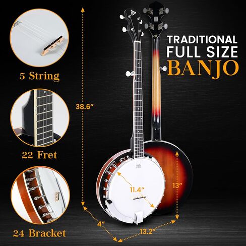 Pyle Banjo Kit with Remo Head and Sapele Resonator, 39" Full Size Traditional Open or Closed Back 5 String Instrument with 24 Brackets, Geared 5th Tuner, Premium Accessory Kit (Sun Burst) in Saudi Arabia