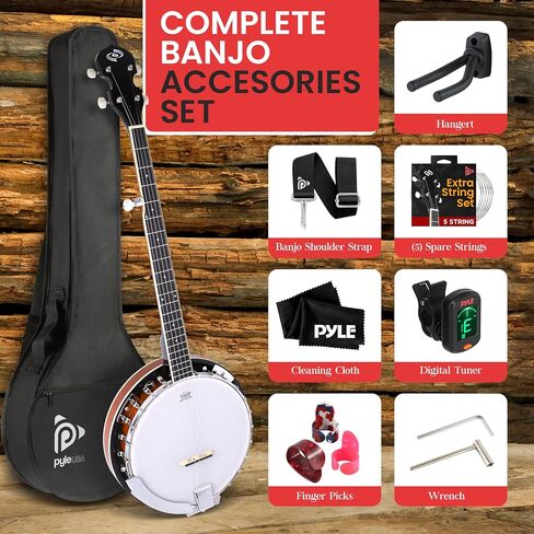 Pyle Banjo Kit with Remo Head and Sapele Resonator, 39" Full Size Traditional Open or Closed Back 5 String Instrument with 24 Brackets, Geared 5th Tuner, Premium Accessory Kit (Sun Burst) in Saudi Arabia
