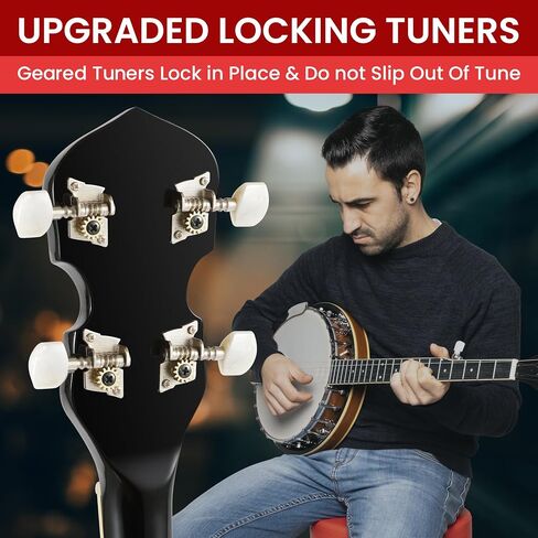 Pyle Banjo Kit with Remo Head and Sapele Resonator, 39" Full Size Traditional Open or Closed Back 5 String Instrument with 24 Brackets, Geared 5th Tuner, Premium Accessory Kit (Sun Burst) in Saudi Arabia