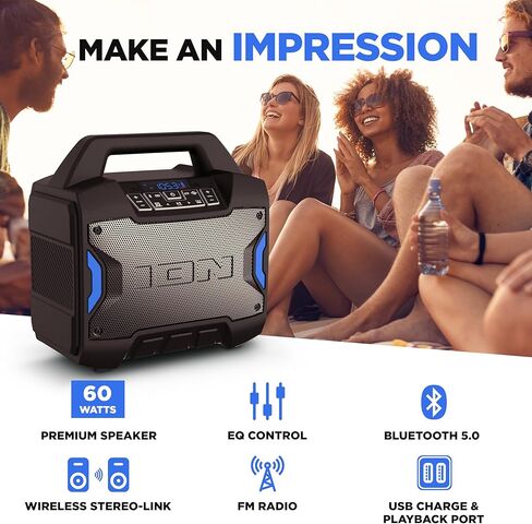 ION Tailgater Boom - مكبر صوت بلوتوث محمول خارجي مع ميكروفون، راديو FM، منفذ USB، بطارية، مقاومة للماء IPX5، وصلة ستيريو لاسلكية، تطبيق، 60 وات in Kuwait