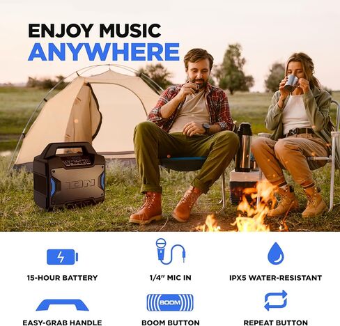 ION Tailgater Boom - مكبر صوت بلوتوث محمول خارجي مع ميكروفون، راديو FM، منفذ USB، بطارية، مقاومة للماء IPX5، وصلة ستيريو لاسلكية، تطبيق، 60 وات in Kuwait