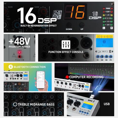خلاطات تسجيل غير مدعومة مع 16DSP 24 بت مع وحدة تحكم MP3 USB DJ Bluetooth Audio Mixer Console بقوة 48 فولت، ولوحات خلط نطاقات 7 قنوات لتسجيل الاستوديو (N7) in Kuwait