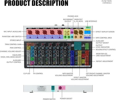 خلاطات تسجيل غير مدعومة مع 16DSP 24 بت مع وحدة تحكم MP3 USB DJ Bluetooth Audio Mixer Console بقوة 48 فولت، ولوحات خلط نطاقات 7 قنوات لتسجيل الاستوديو (N7) in Kuwait