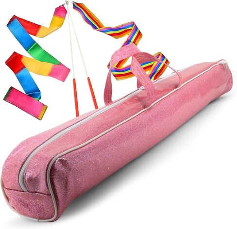 Twirling Baton Bag Case with Adjustable Shoulder Strap - Pink Sparkle Case for Majorette Marching Dance Batons - Complete with 2 Rainbow Dance Ribbons in Saudi Arabia